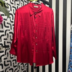 #64 Valerie Stevens, 100% Pure Silk Red/Burgundy Button Down Blouse
